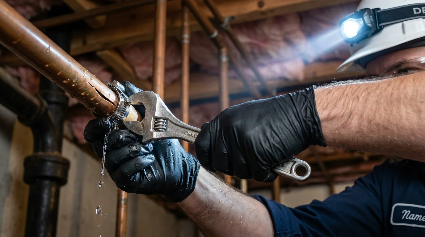 Emergency pipe clamp repair being performed by a Johns Plumbing LLC plumber in Hope Valley
