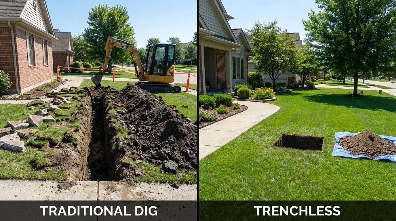Trenchless sewer repair with minimal yard damage versus traditional excavation in Hope Valley, RI